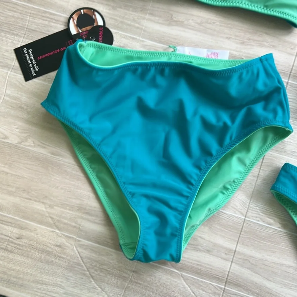 No Boundaries NWT Reversible High Teal & Green Waisted Bikini Bottom